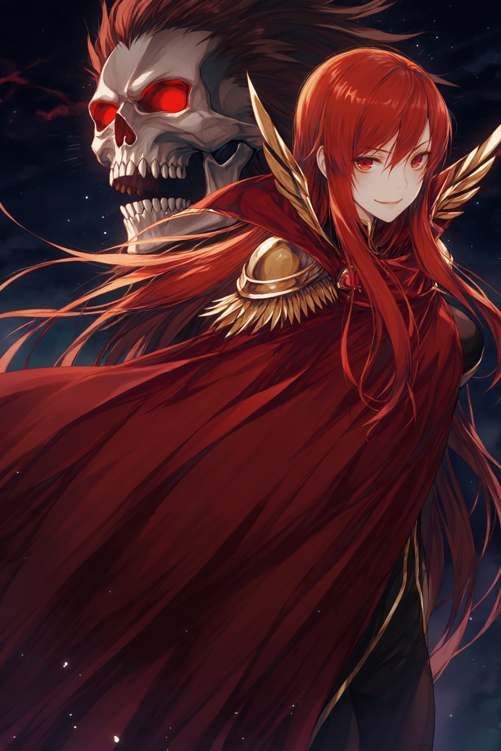wan_ke Digital anime-style illustration of a red-haired woman with long,  flowing hair and red eyes. She wears a dark red,...