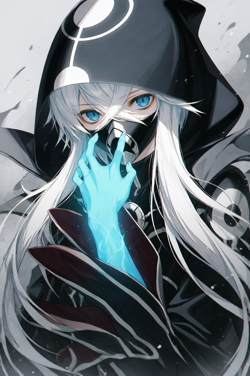 wan_ke This is a digital anime-style artwork featuring a mysterious character with long,  white,  flowing hair and strikin...