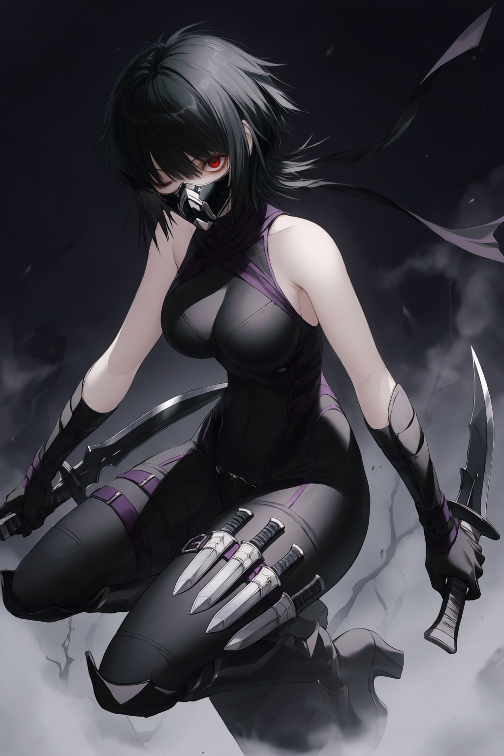 wan_ke This is a digital anime-style artwork featuring a female assassin with short,  choppy black hair and a single visib...