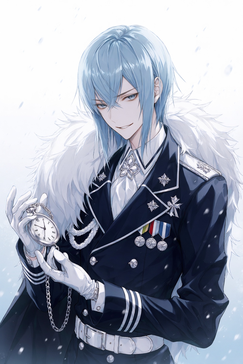 wan_ke Digital anime-style drawing of a cold,  aristocratic young male with straight,  shoulder-length ice-blue hair and p...