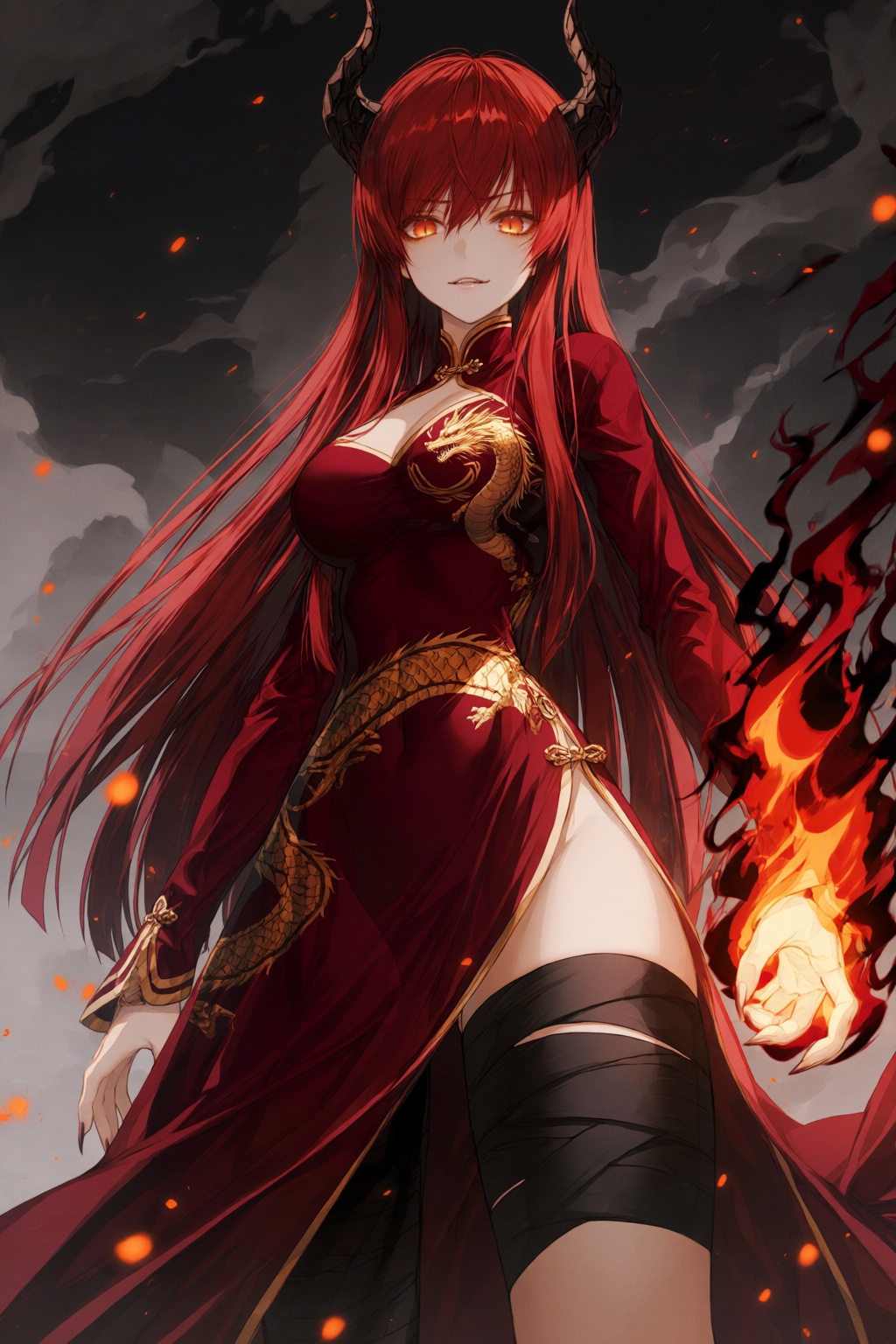 wan_ke Digital anime-style illustration featuring an intimidating female character with long,  straight scarlet hair and g...