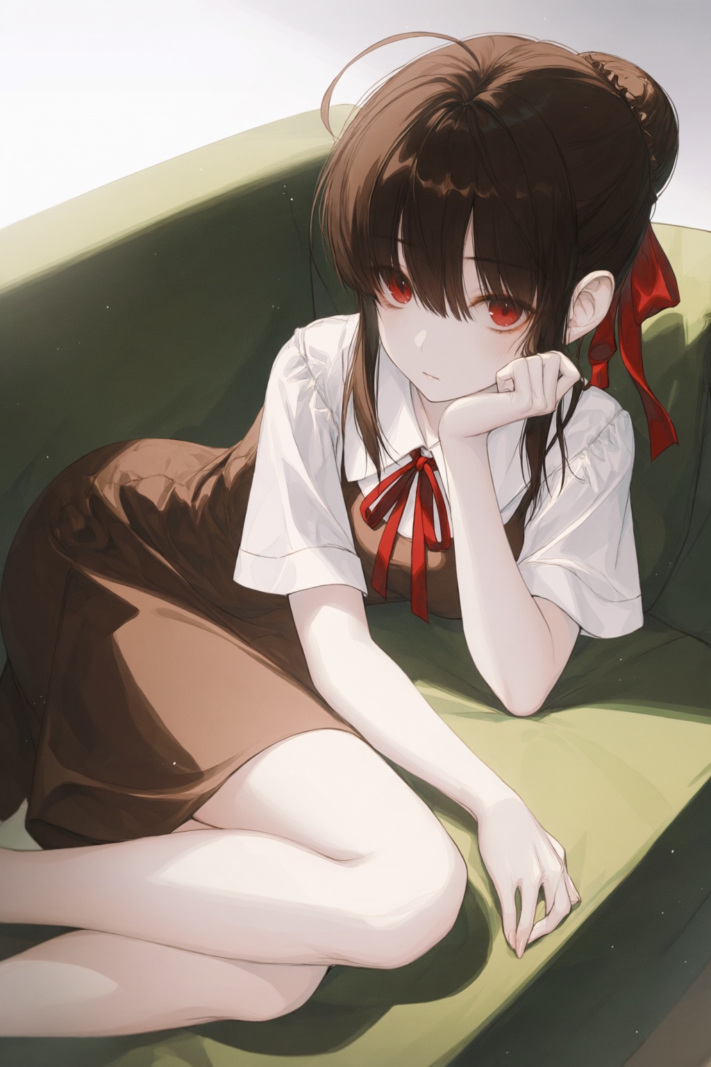 wan_ke Digital anime-style illustration of a young woman with pale skin and red eyes,  lying on a green couch. She has bro...