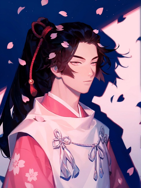 se3,  male with long black hair with pale pink cherry blossom petal tips,  soft pink eyes with samurai discipline on Tenso...
