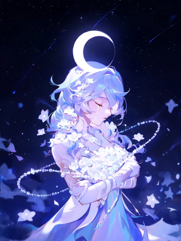 se3,  crescent moon resting on 1girl's head like horns,  glowing soft silver light on Tensor.Art