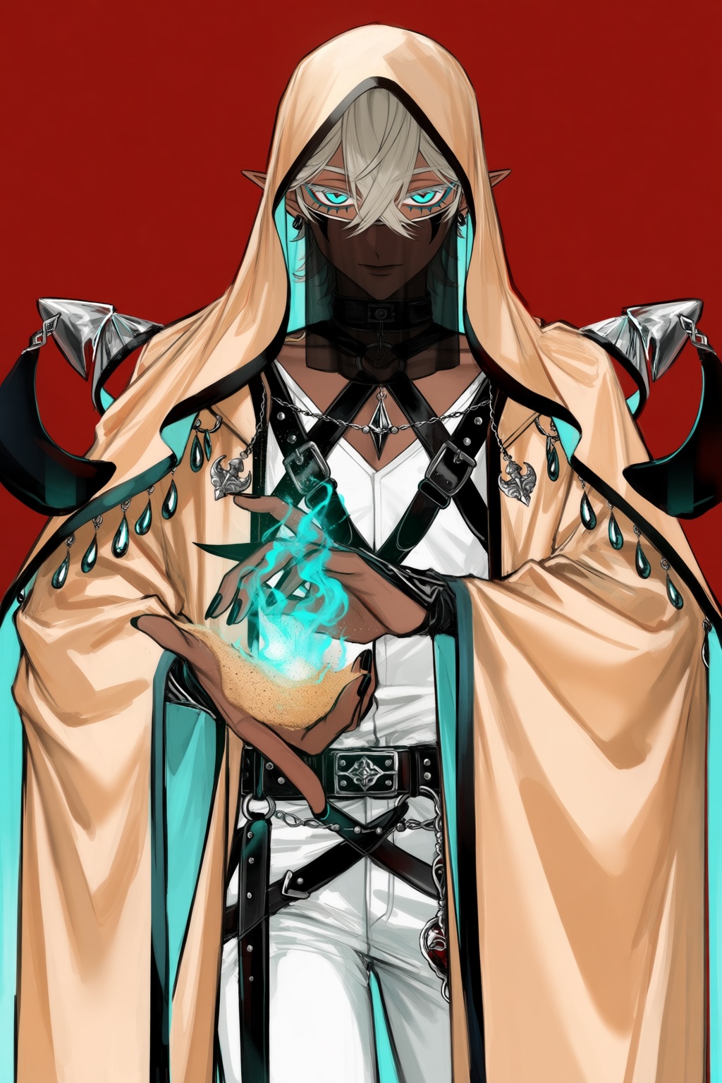 A stylized fantasy portrait features a desert sorcerer standing against a flat crimson sky. They have dark skin,  platinum...