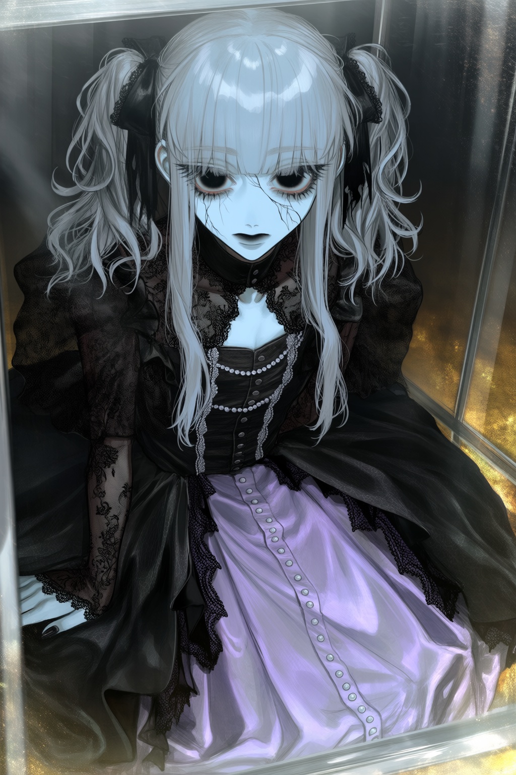 A gothic digital illustration features a lonely doll-like figure sitting inside a glass display case. They have pale blue...
