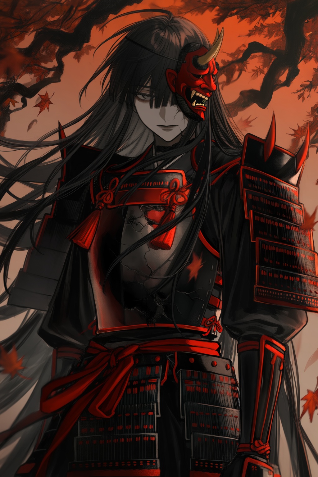A dark anime-inspired portrait depicts a battle-worn samurai spirit standing beneath falling autumn leaves. Their armor is...