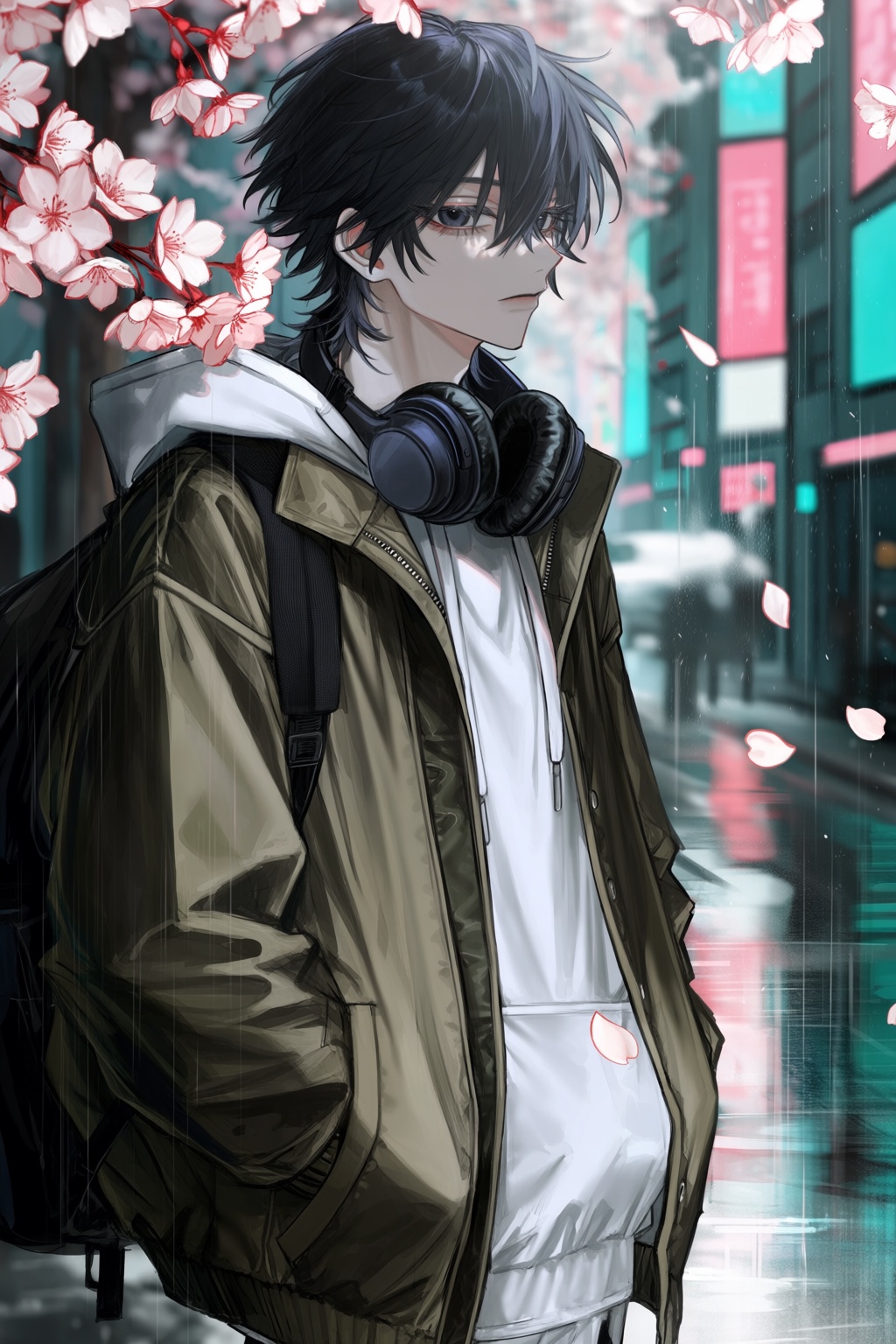 In this highly textured digital portrait,  a solitary figure pauses amidst a flurry of falling cherry blossoms in a modern...