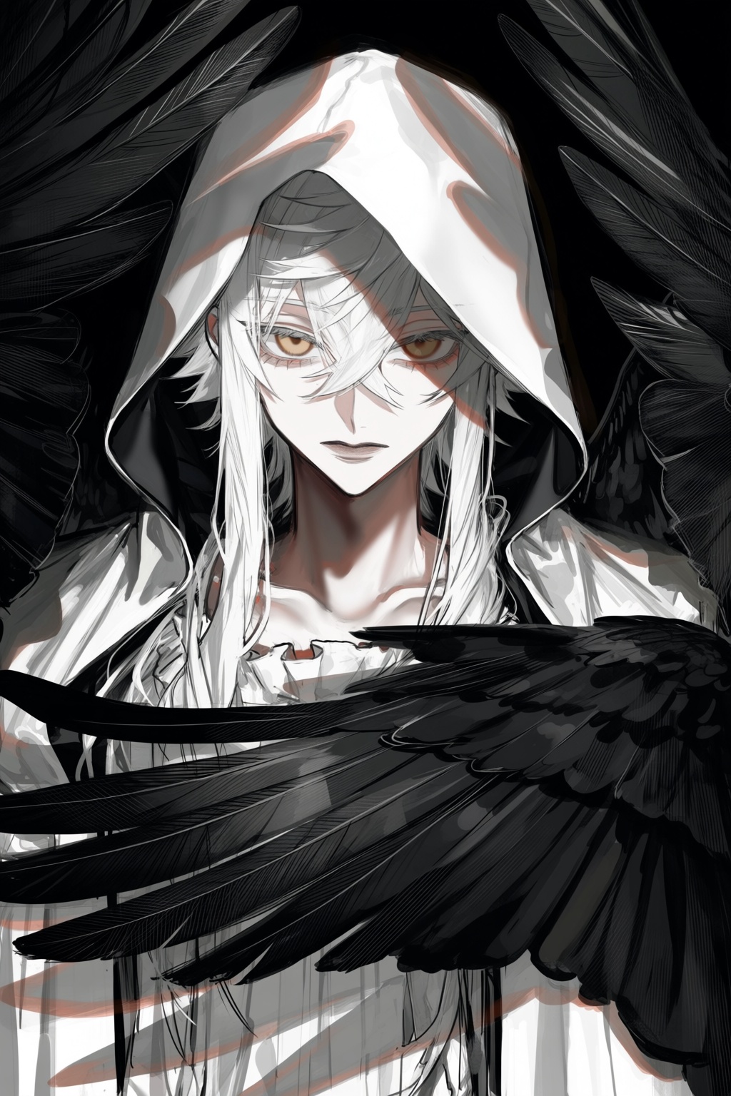A haunting digital illustration features a pale,  androgynous figure with long,  messy white hair emerging from deep shado...