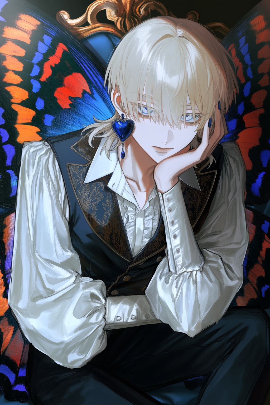 This digital illustration features a pale-skinned person with short,  light blonde hair and piercing blue eyes,  resting t...