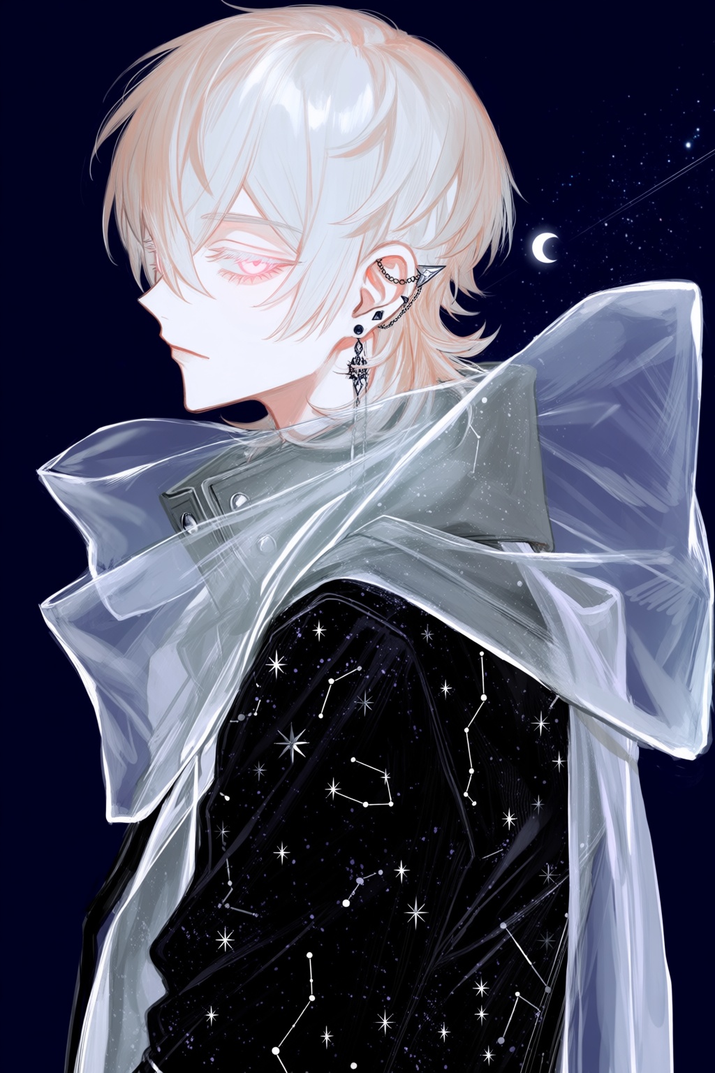A high-fashion fantasy illustration shows a pale figure with icy blond hair wearing an oversized black coat covered in sil...