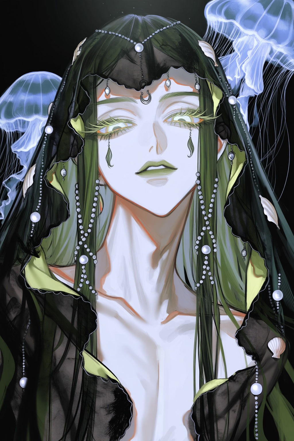 A stylized illustration portrays a pale sea witch emerging from dark water beneath a moonlit sky. Their long green-black h...