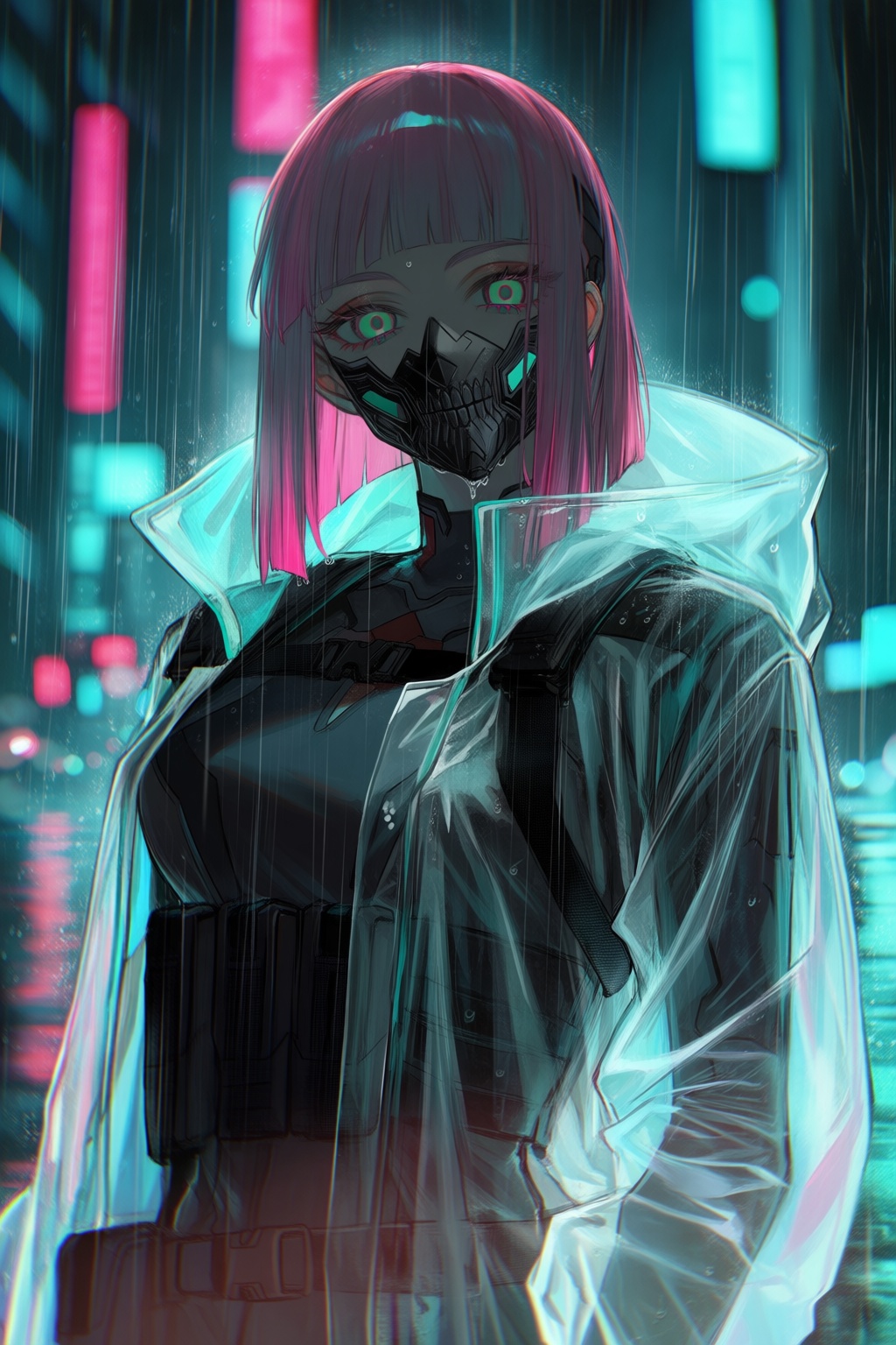 A captivating digital illustration portrays a female figure with a cyberpunk aesthetic standing in the pouring rain. She h...