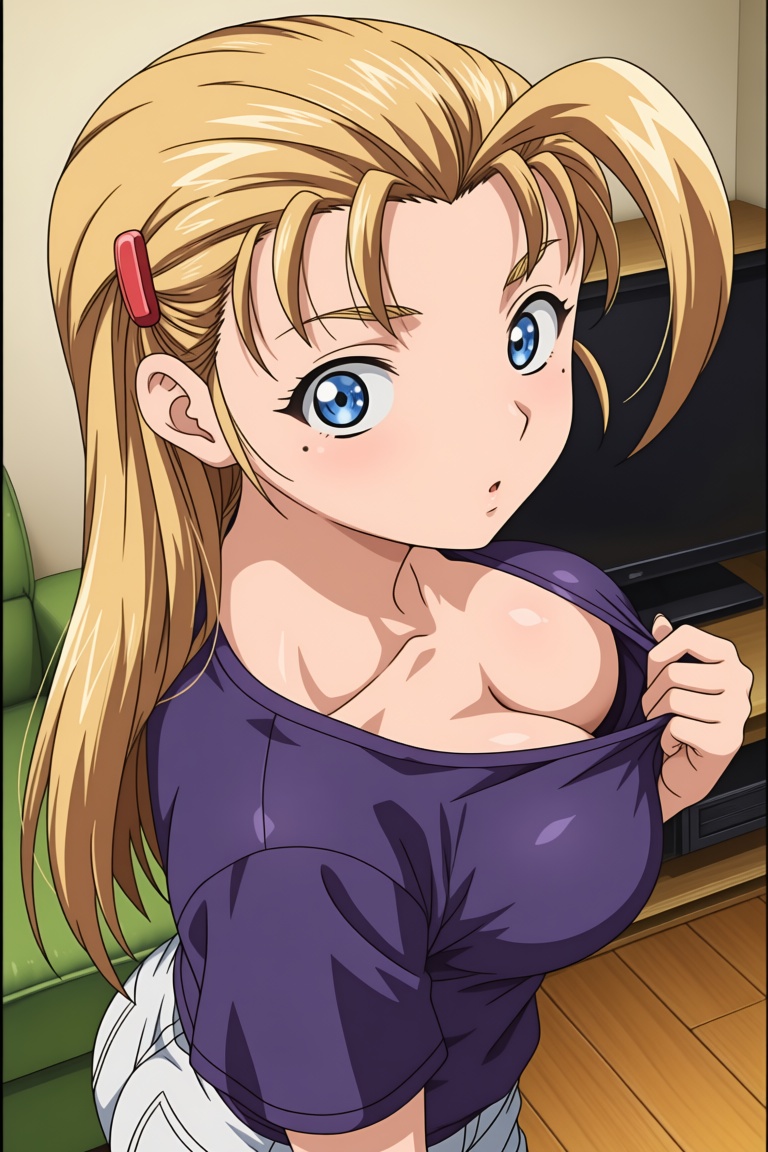 A solo 1girl with long slicked‑back blonde hair and an ahoge. She has bright blue eyes and a small mole under her eye. .....