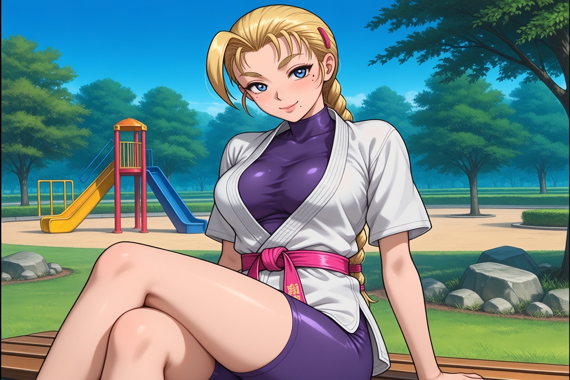1girl with a single blonde braid and a stray strand of hair. She has deep blue eyes and a small mole under her eye; she ha...