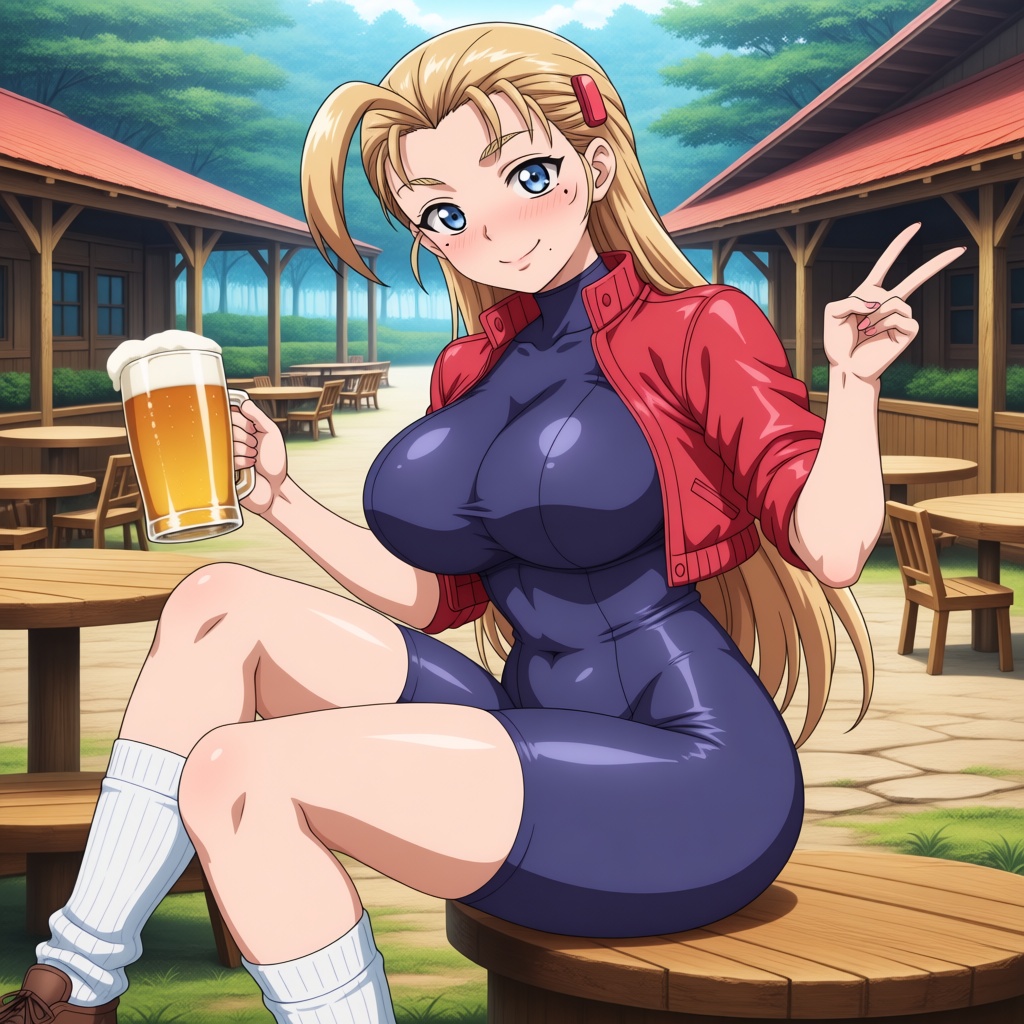 A curvy girl with long slicked‑back blonde hair,  an ahoge,  blue eyes on Tensor.Art