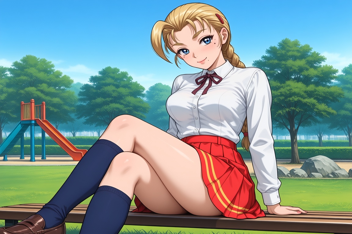 1girl with a single blonde braid and a stray strand of hair. She has deep blue eyes and a small mole under her eye; she ha...