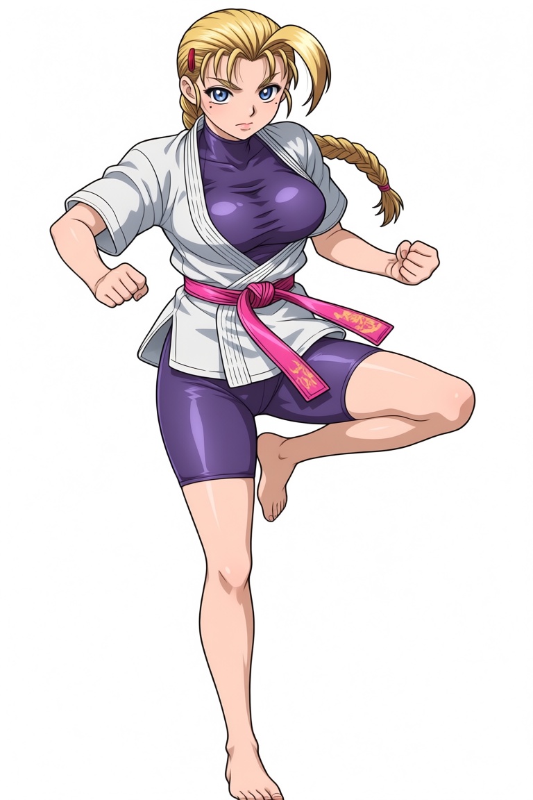 1girl with a single blonde braid and a stray strand of hair. She has deep blue eyes and a small mole under her eye; she ha...