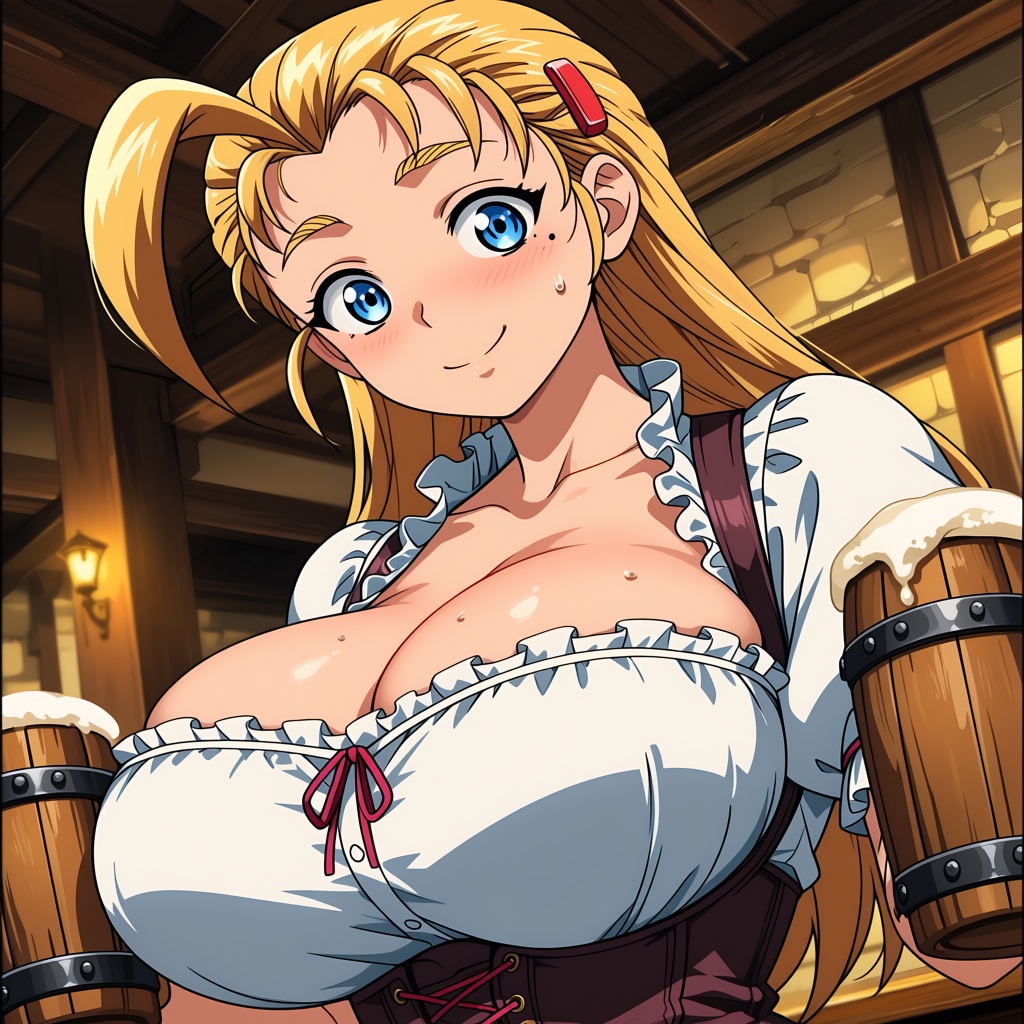 1girl with long slicked‑back blonde hair and an ahoge. She has bright blue eyes and a small mole under her eye. anime scre...