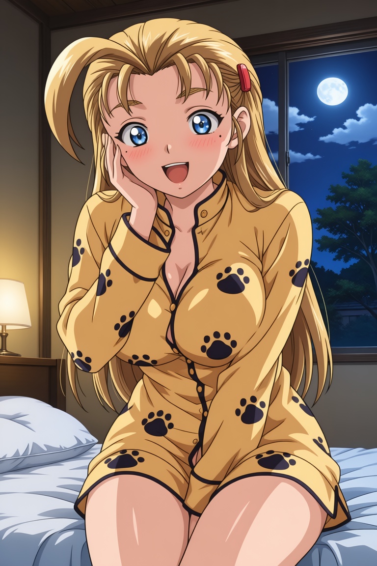 A solo 1girl with long slicked‑back blonde hair and an ahoge. She has bright blue eyes and a small mole under her eye. .....