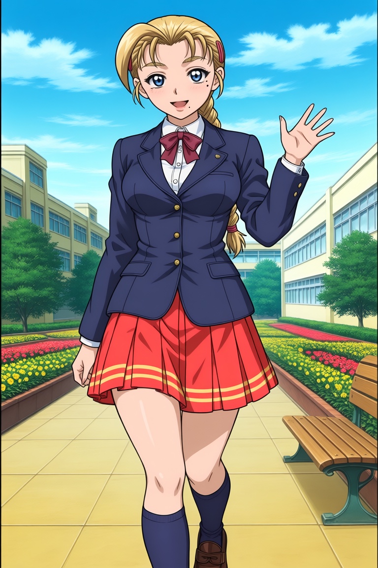 1girl with a single blonde braid and a stray strand of hair. She has deep blue eyes and a small mole under her eye; she ha...