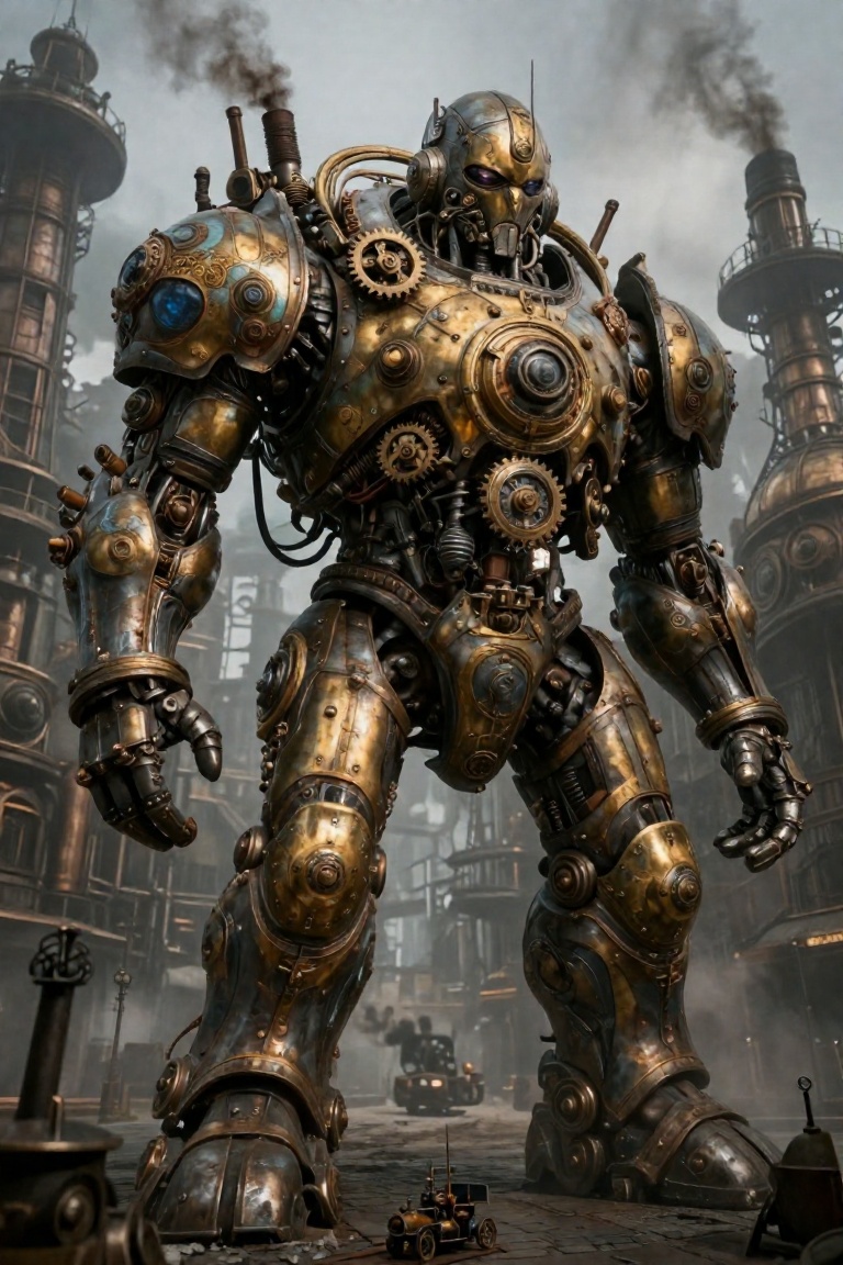 Create a colossal steampunk mecha set in a dystopian industrial landscape where steam-powered machinery dominates the skyl...