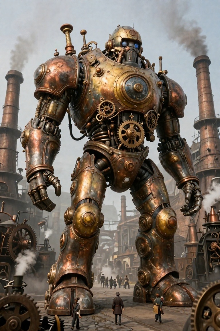 Create a colossal steampunk mecha standing in a sprawling industrial landscape filled with towering smokestacks and cogs....