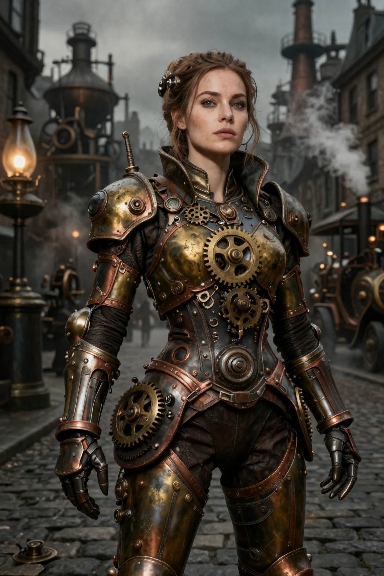 Create a steampunk woman,  wearing intricate steampunk robot armor adorned with brass gears and copper fittings. Her armor...