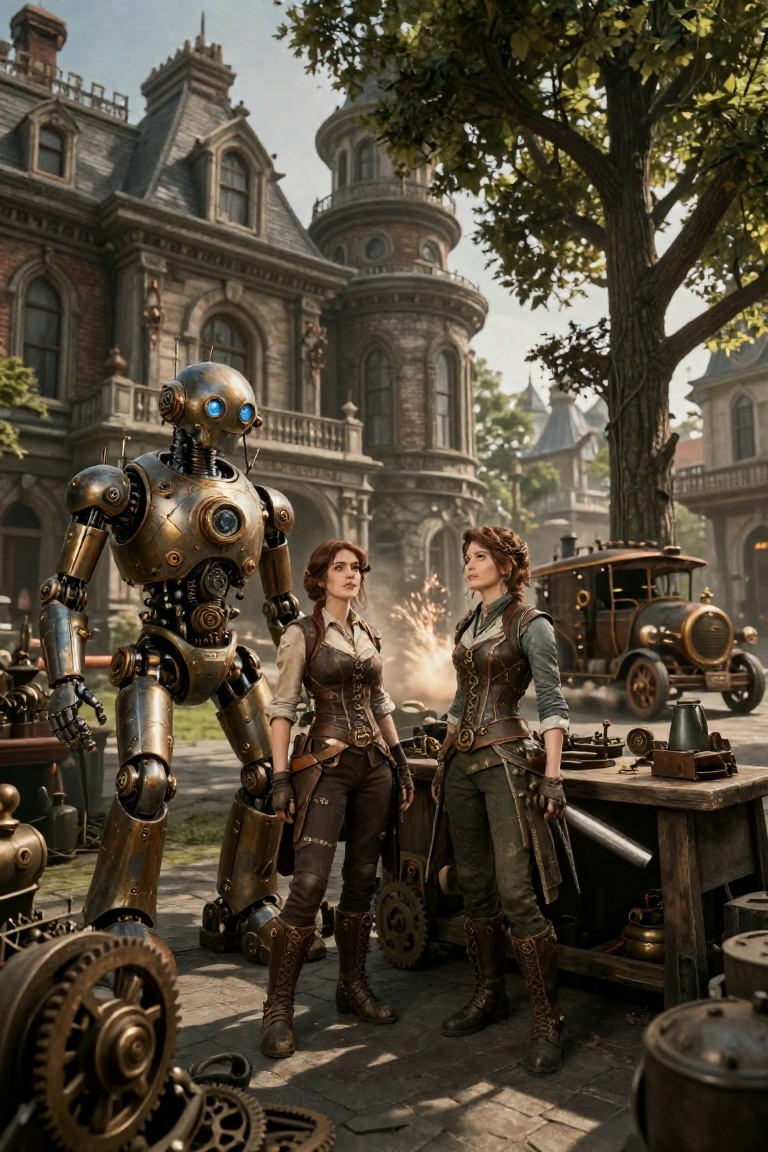 Create a steampunk woman standing beside a sleek steampunk robot in front of a grand Victorian building. A lush tree stand...