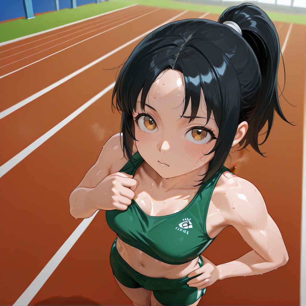 A young girl with black hair tied in a ponytail wears a track and field uniform consisting of a green sleeveless top that...