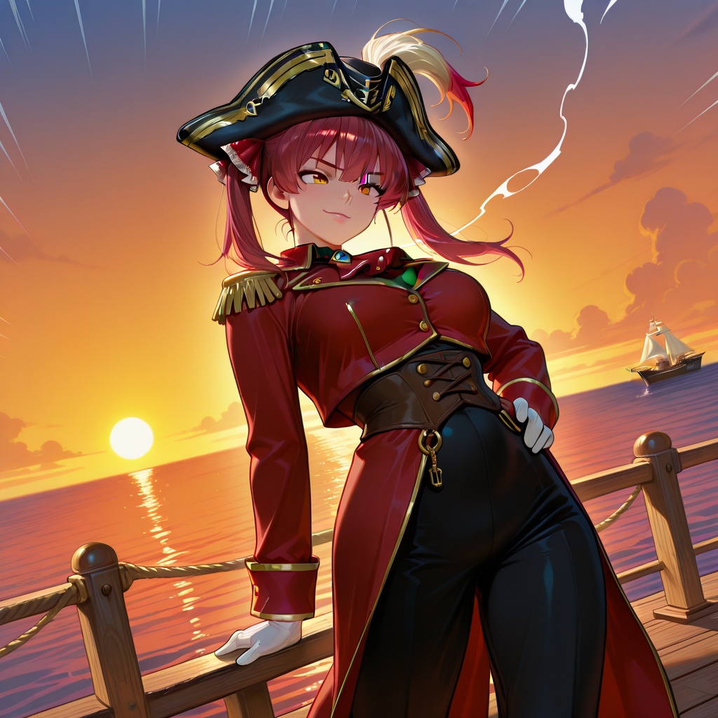 masterpiece,  character: houshou_marine. In a dramatic 90s anime-style illustration,  Houshou Marine stands confidently on...