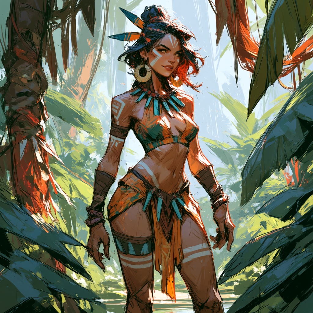 eca,  high quality,  best quality. A beautiful woman standing in a jungle. Tribal outfit on Tensor.Art