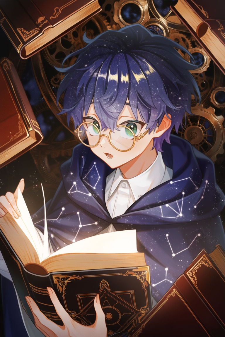 A detailed,  anime-inspired digital portrait showcases a young scholar surrounded by floating,  leather-bound grimoires. T...