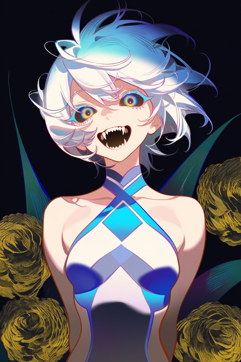 This digital illustration features a stylized anime-inspired character with short,  tousled white hair transitioning into...