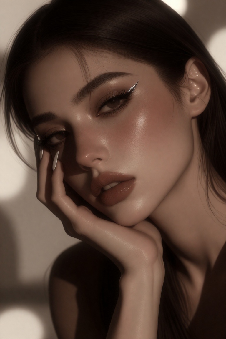 portrait of a woman resting her cheek against her hand,  long almond-shaped acrylic nails with chrome tips near her lips,...