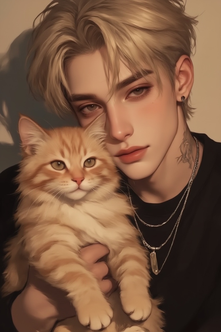 A handsome young man with short,  ash-blonde hair and a calm expression,  wearing a simple black t-shirt and layered silve...