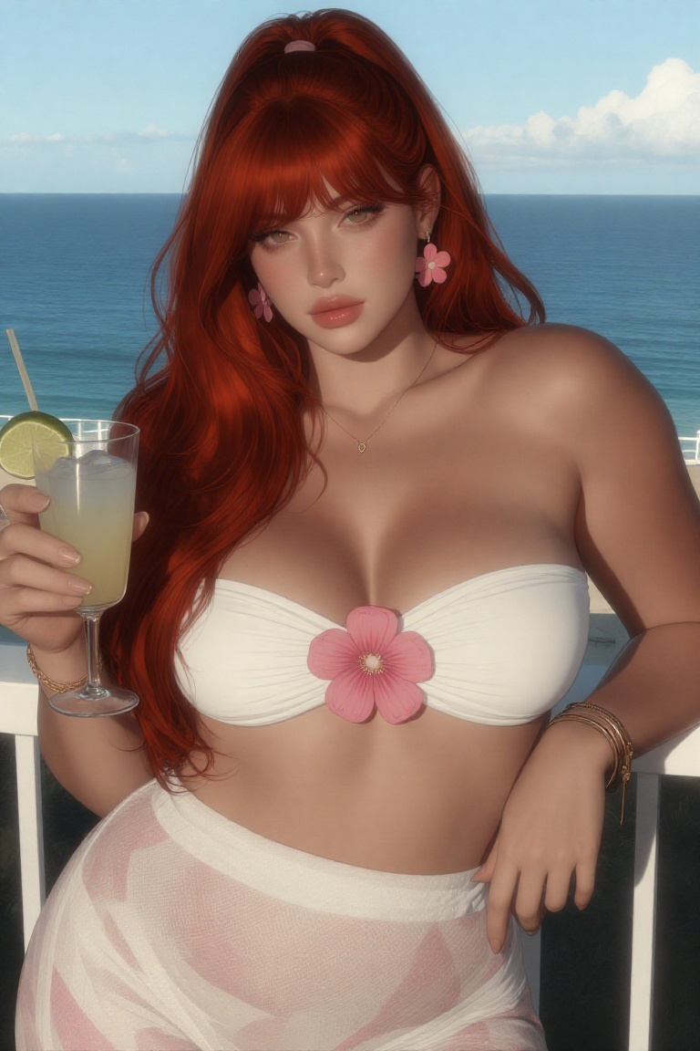 A high-quality,  close-up portrait of a plus-sized woman with vibrant,  long red hair styled in a half-up ponytail. She is...