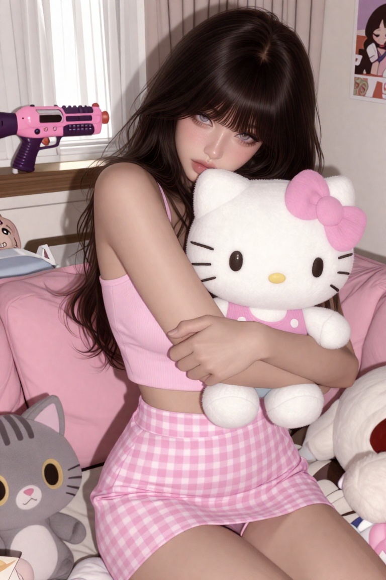 A medium shot of a young woman with long,  sleek dark hair and bangs,  tenderly hugging a large Hello Kitty plush toy. She...