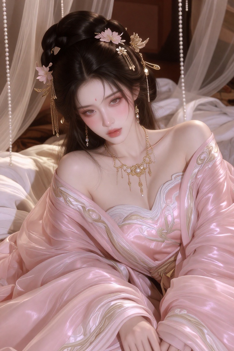 A high-quality,  closeup portrait of a stunningly beautiful young woman dressed in traditional,  elegant Chinese Hanfu wit...