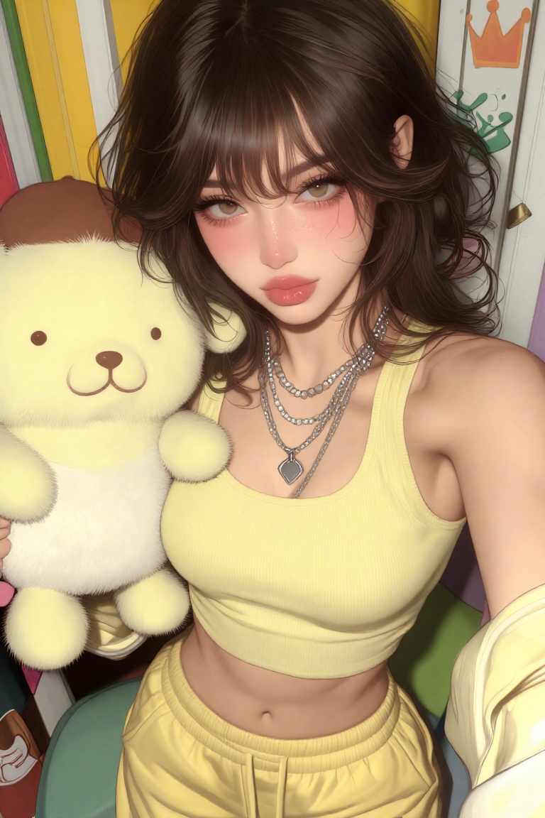 A vibrant,  high-resolution high-angle selfie of a young woman with a voluminous dark hair with bleached highlights that f...
