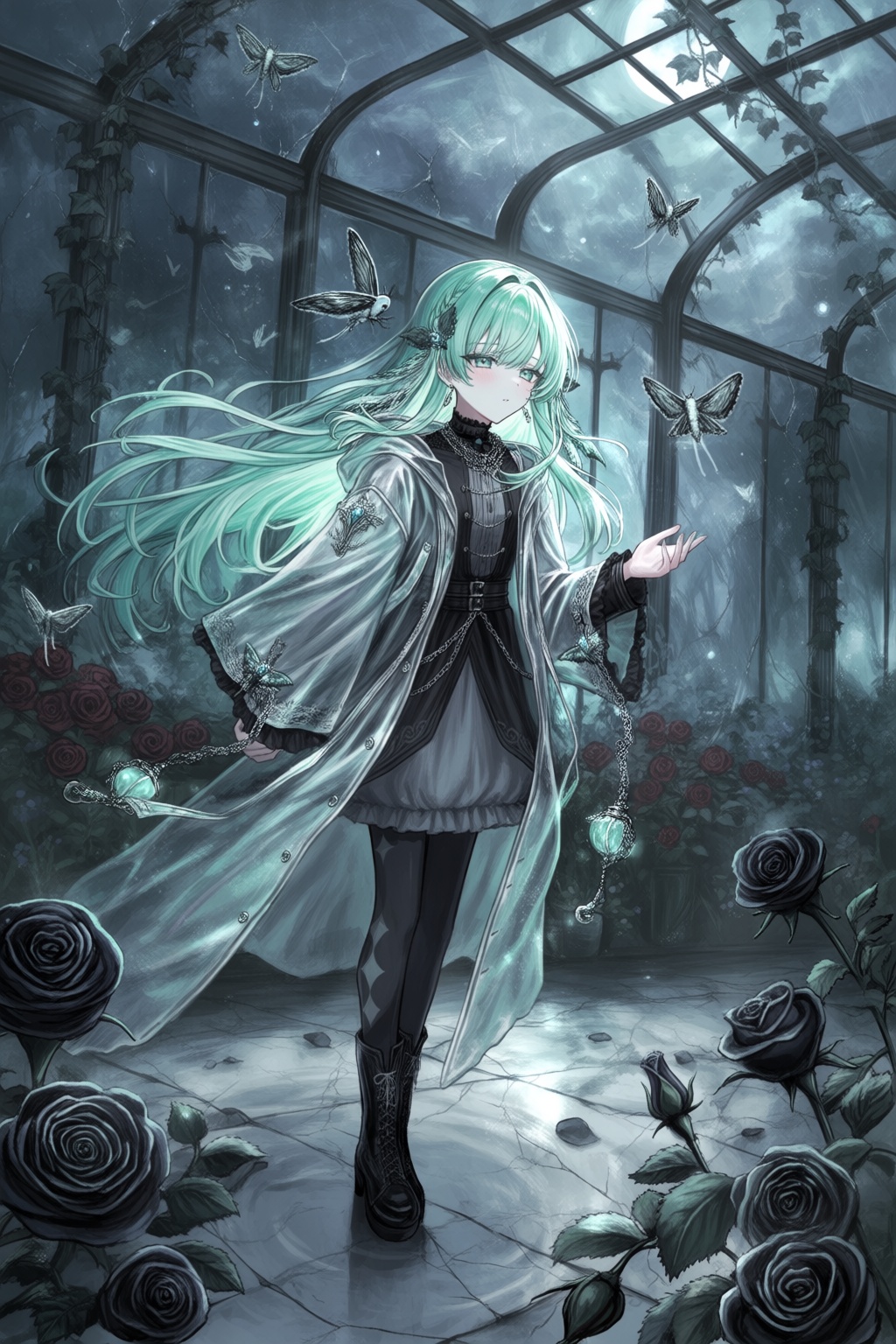 A surreal digital illustration depicts a pale figure standing inside a glass greenhouse at midnight,  surrounded by black...