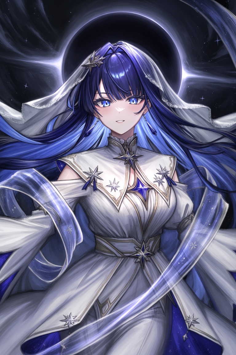 A supernatural digital painting portrays a celestial figure with flowing midnight-blue hair and luminous silver eyes. They...