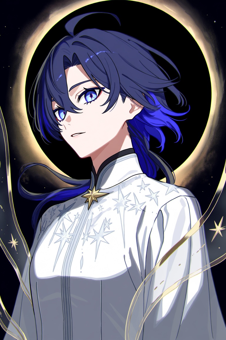 A supernatural digital painting portrays a celestial figure with flowing midnight-blue hair and luminous silver eyes. They...