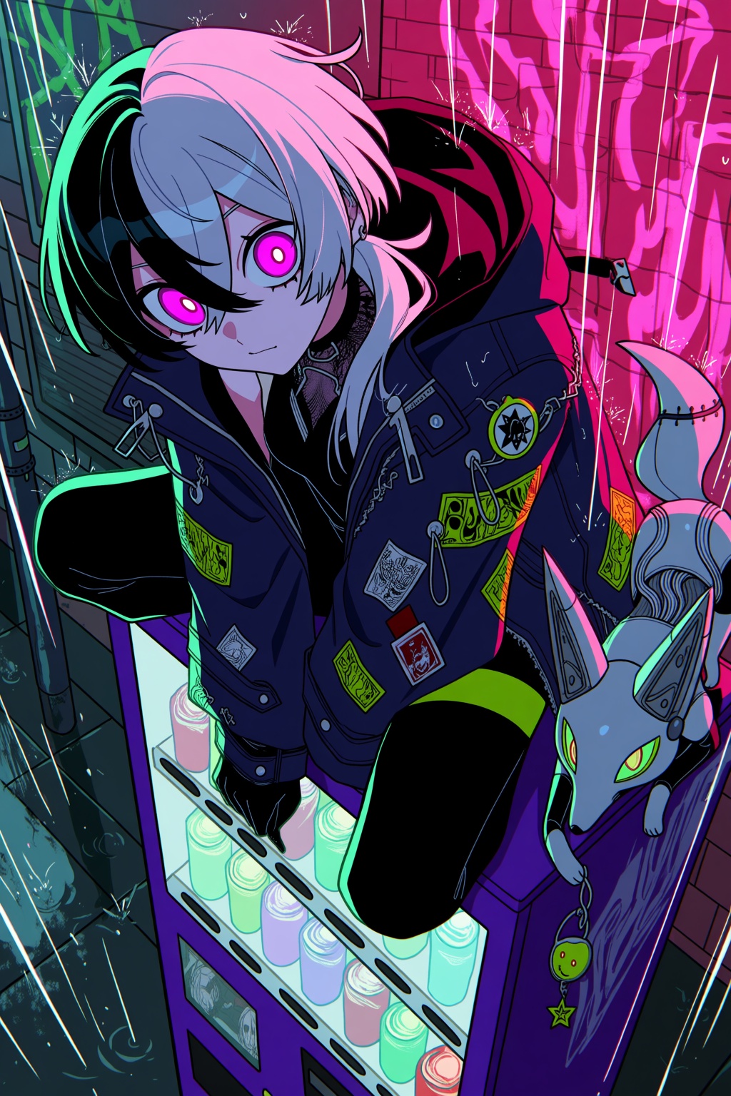 A cyber-goth digital illustration shows a figure with glowing magenta eyes crouched on top of a vending machine in a neon-...