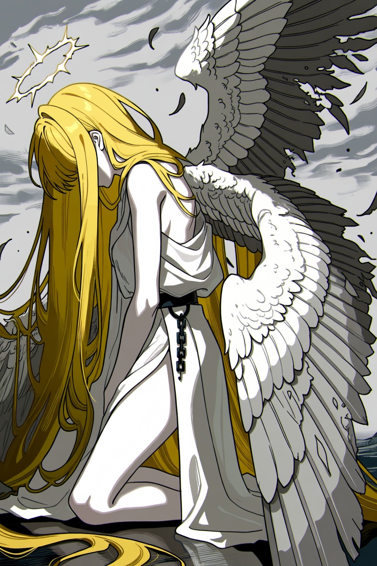 A melancholic digital illustration depicts a celestial being in a state of sorrowful grace. The figure is kneeling,  with...