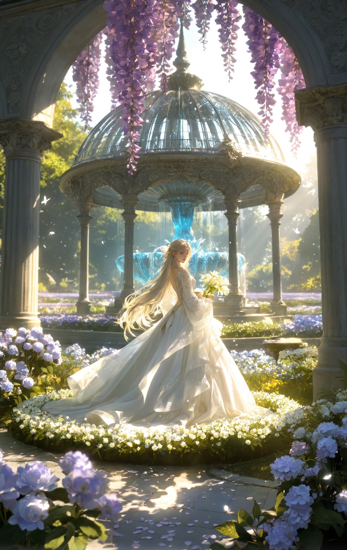 1girl ,  beautiful elegant woman in a grand fantasy garden filled with countless varieties of flowers from around the worl...