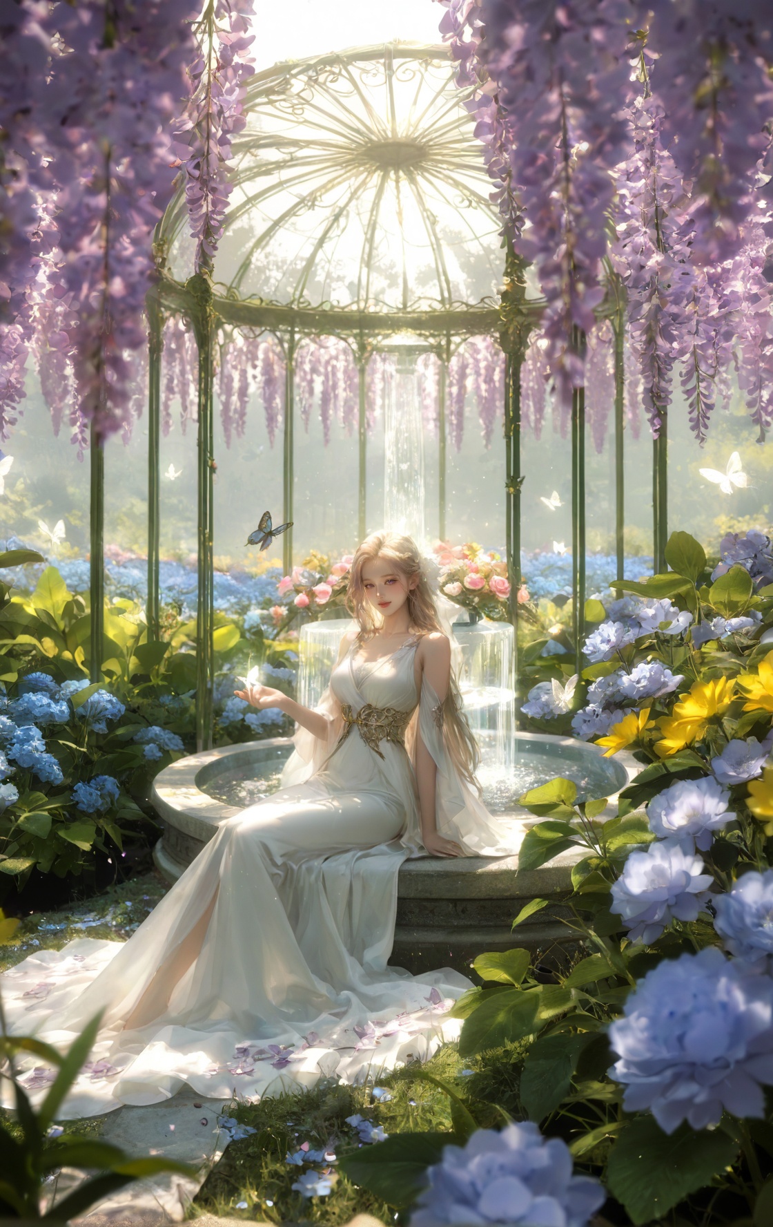 1girl ,  beautiful elegant woman in a grand fantasy garden filled with countless varieties of flowers from around the worl...