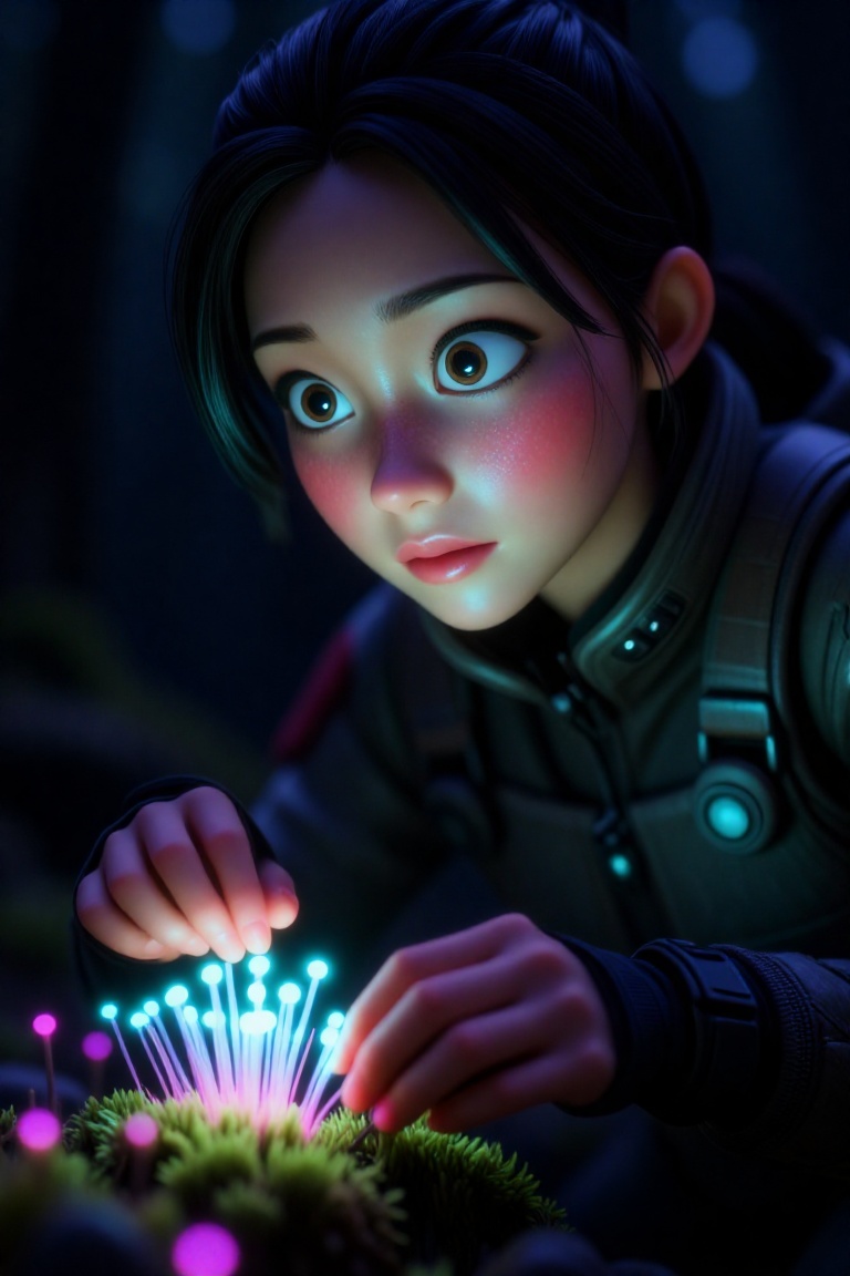 Disney Pixar image of A hyper-realistic close-up of a young Asian woman with glowing neon freckles,  carefully harvesting...