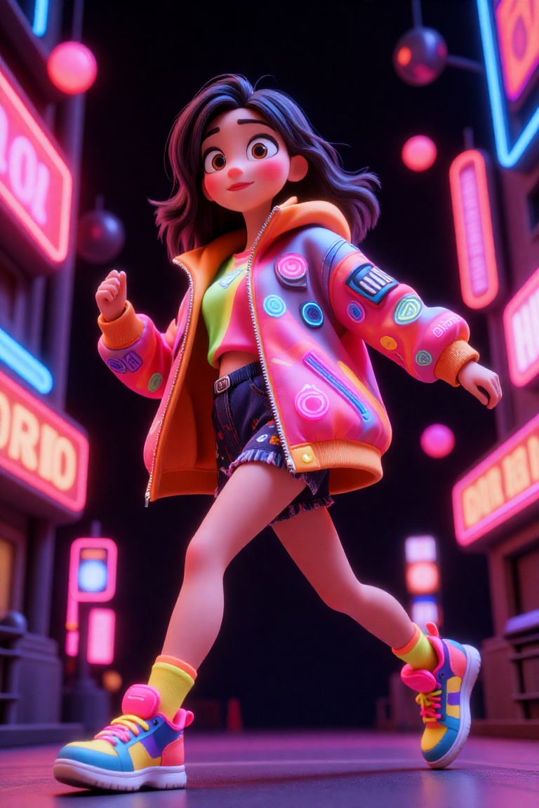 Disney Pixar 3D image of A 22 yo Asian woman,  positioned in the center of the image,  is depicted mid-stride. She's weari...
