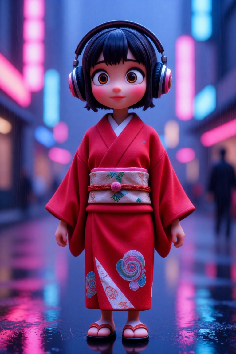 Disney Pixar 3D image of a young girl in a striking red kimono,  wearing large headphones,  standing in a rain-soaked cybe...